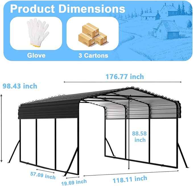 10x15FT Heavy Duty Metal Carport - Reinforced Galvanized Carport Canopy for All-Weather Shelter, Enhanced Wind Resistance for Boats, Cars, Trucks and Tractors