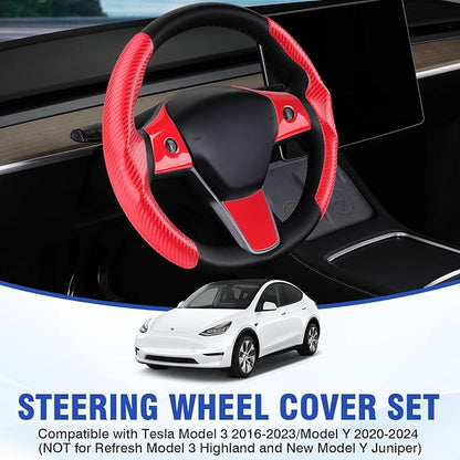 Steering Wheel Cover for Telsa Model 3/Model Y Accessories Carbon Fiber Steering Wheel Cover Protector Anti-Slip, Comfortable Grip, Breathable, Model 3/Y Accessories, Red 5PCS