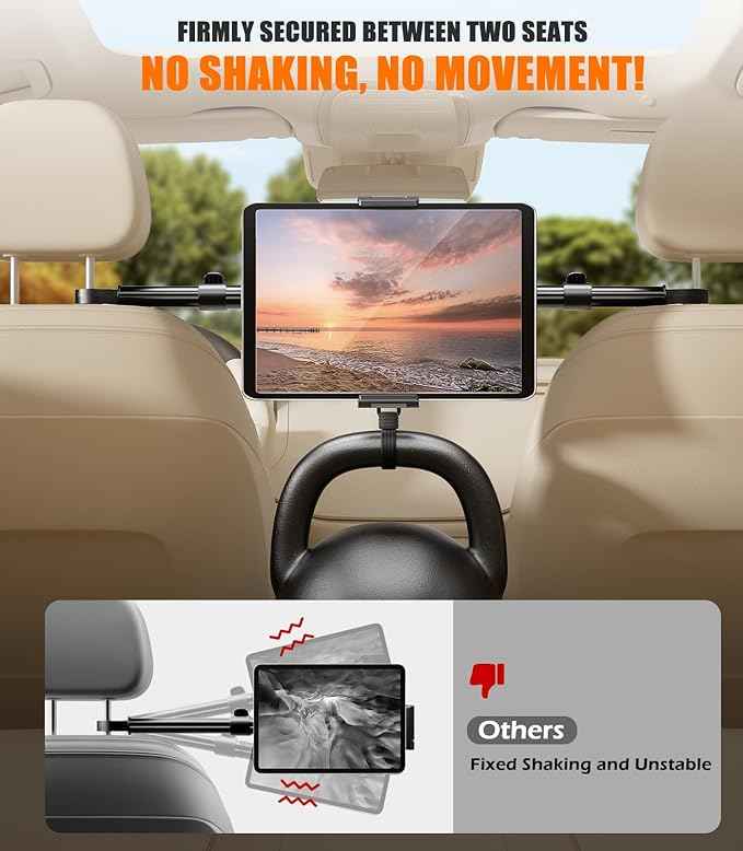 Car Headrest Tablet Holder [Dual-Clamp Stability][360° Adjustable] Back Seat iPad Mount for Kids Road Trip, Compatible with 4.5–16.5" iPad Pro/Air/Mini, Galaxy Tab, Kindle Fire, Switch