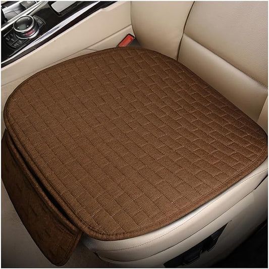 Front Car Seat Cover, Anti-Slip Breathable Linen Bottom Seat Protector Covers with Storage Pockets, Universal Front Driver Seat Pad Mat for Cars SUVs Truck Van (Brown)