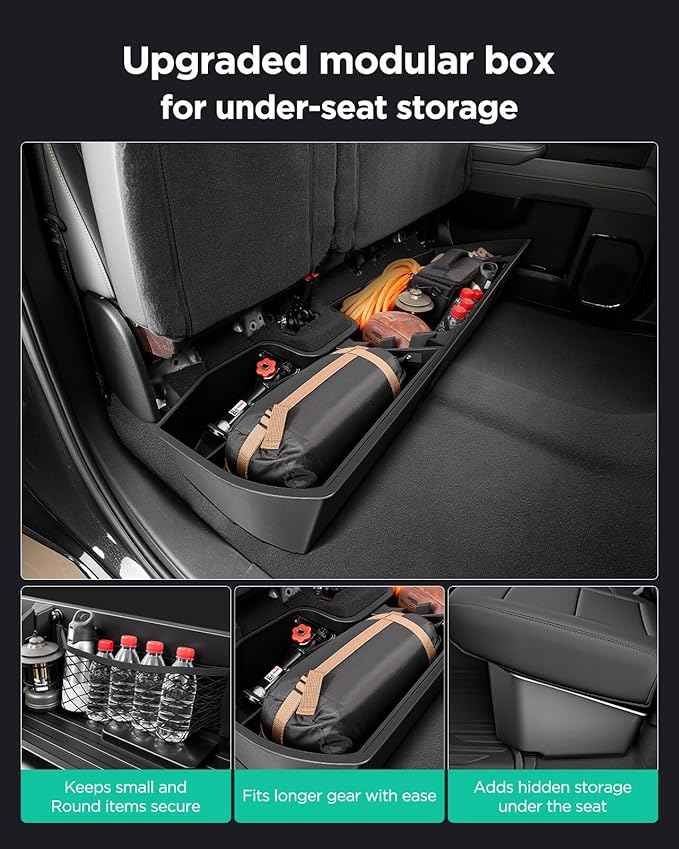 Truck Underseat Storage for Silverado Sierra: 2019-2026 Crew/Double Cab, Rear Under Seat Organizer Tool Box Car Accessory for Chevy Silverado & GMC Sierra 1500 2500HD 3500HD (w/ Detach Bin & Mesh Net)
