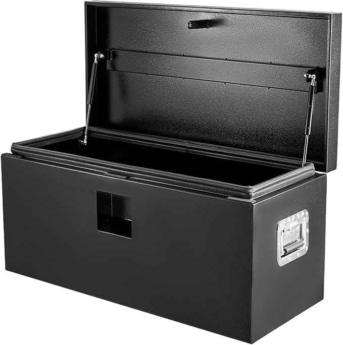 PeakPursuit Black Industrial Steel Truck Bed Tool Box – Gas-Shock Grooved Lid, Weatherproof & Pry-Resistant Lockable Storage Chest for Pickup, RV, Trailer