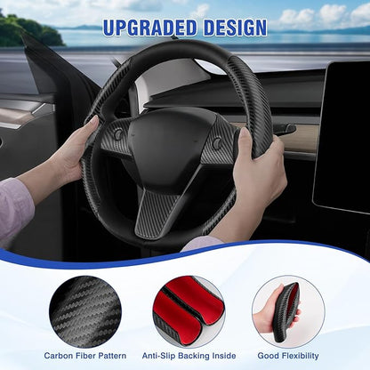 Steering Wheel Cover for Tesla Model 3/ Model Y Carbon Fiber Steering Wheel Wrap Kit Anti-Slip Steering Wheel Trim Protector Sticker Decoration Interior Accessories Black 5PCS