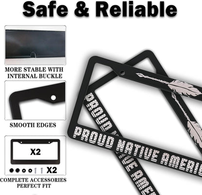 License Plate Frames Black and White License Plate Holder Proud Native American Universal Aluminum Car Accessory 2 Pack with Screw Covers Set