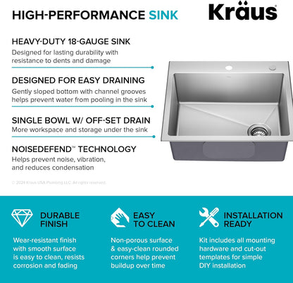 KRAUS Fairlane 25-inch Drop In/Top Mount Single Bowl 18-Gauge Stainless Steel Kitchen Sink, KHT641-25