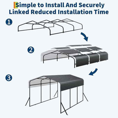 10x15 ft Metal Carport with Reinforced Base and Galvanized Steel Roof, Heavy Duty Garage Car Shelter Shade, Outdoor Car Port Canopy