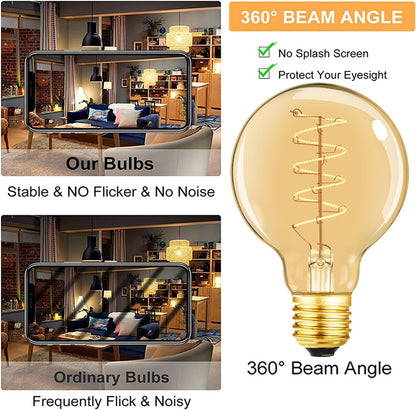 Leools Vintage LED Spiral Filament Bulb G25/G80 Dimmable Flick-Free 6W CRI95 LED Edison Globe Light Bulb E26 Base,Amber Glass,Warm White,2200K, 400LM(40W Equivalent), Pack of 4