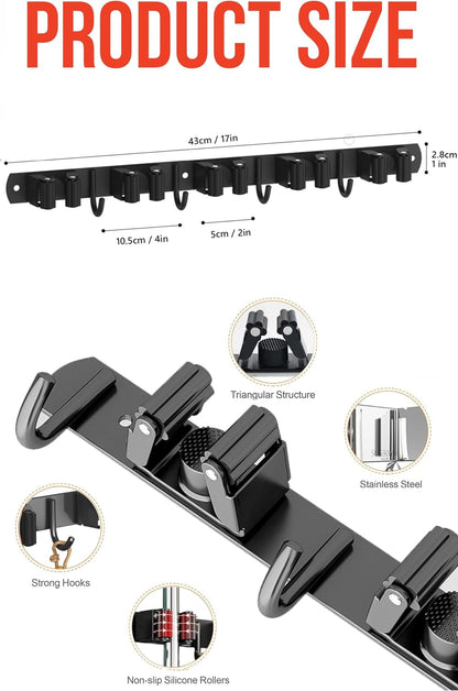 2 Pack Mop and Broom Holder Wall Mount, Upgraded Broom Hanger Wall Mount, Stainless Steel Broom Organizer for Closet Garage Laundry Room Kitchen Wall Decor Black 5R4H