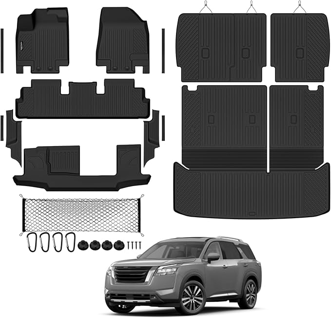 Tongama-Floor Mats for 2022-2026 Nissan Pathfinder 8 Seat with Bench Seats, All Weather TPE Trunk Mat with Backrest Mat & 2nd Row Backrest Mats & Cargo Net & Full Coverage Door Sill Guards Kit