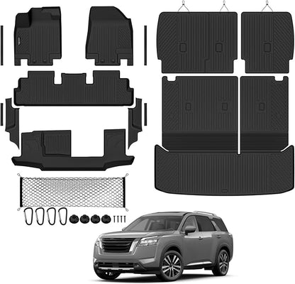 Tongama-Floor Mats for 2022-2026 Nissan Pathfinder 8 Seat with Bench Seats, All Weather TPE Trunk Mat with Backrest Mat & 2nd Row Backrest Mats & Cargo Net & Full Coverage Door Sill Guards Kit