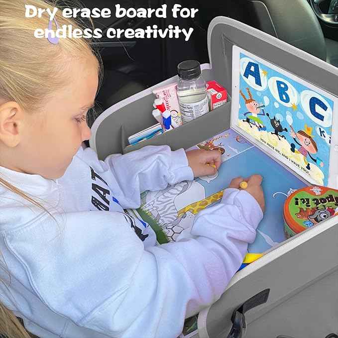 MENZOKE Kids Travel Tray for Toddler Car Seat, Toddler Gift for Boy Activities with Dry Erase Board & iPad Holder Stand, Road Trip Essentials Accessories Lap Tray for Boy as Birthday Gift, Grey