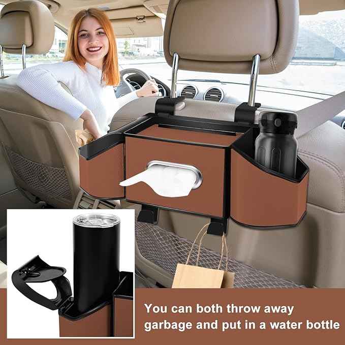 7-In-1 Car Seat Back Organizer with Cup Holders, Tissue Box, Garbage Can&Hooks, Multifunctional Headrest Storage Organizer, Headrest Cup Holder for Backseat, Car Accessories for Trips, Travels(Brown)