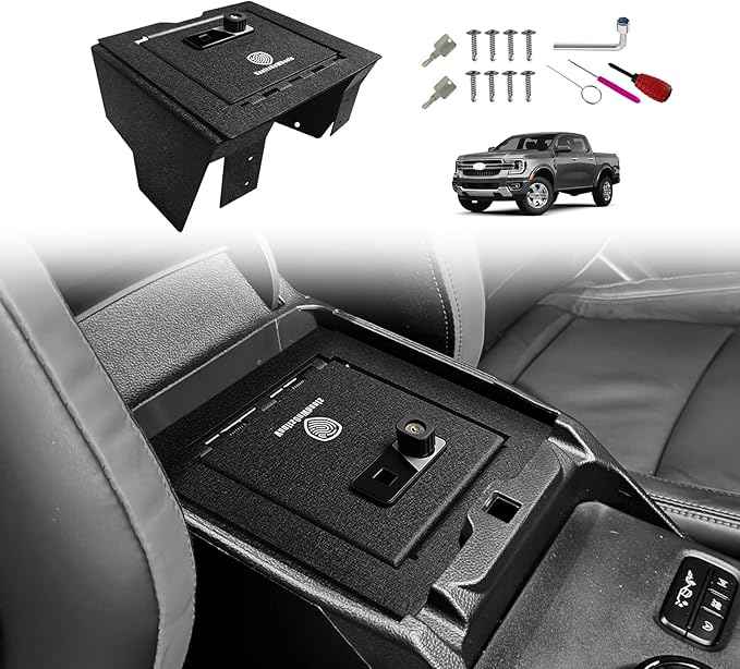 VaultsOnWheels for 2026 2025 2024 Ford Ranger Center Console Safe Gun Safe Vault Hidden Console Storage Interior Vault LockBox Anti-Theft High Security Biometric Fingerprint Lock