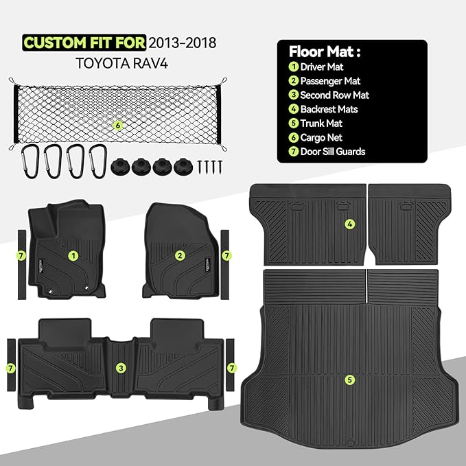 Tongama-Floor Mats for 2013-2018 Toyota RAV4(Not for Hybrid or Prime), All Weather TPE Floor Liners & Trunk Mat & Backrest Mats Protector & Cargo Net & Door Sill Guards for Toyota RAV4 Accessories