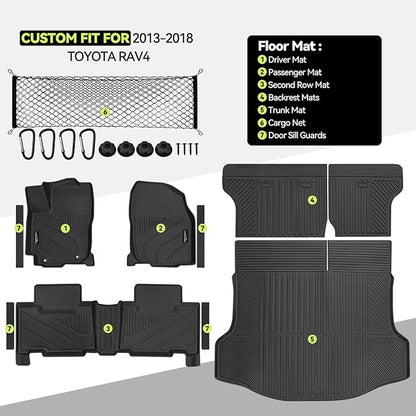 Tongama-Floor Mats for 2013-2018 Toyota RAV4(Not for Hybrid or Prime), All Weather TPE Floor Liners & Trunk Mat & Backrest Mats Protector & Cargo Net & Door Sill Guards for Toyota RAV4 Accessories