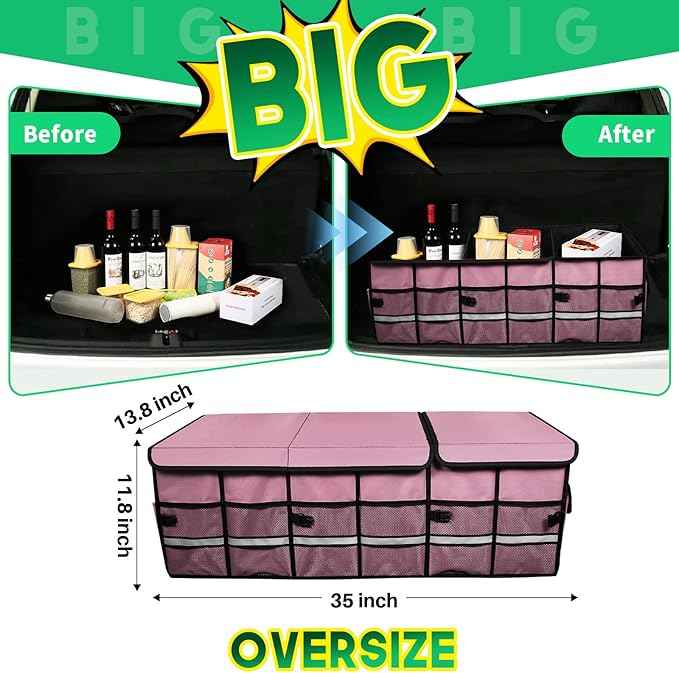 Big Car Trunk Organizer, Cargo Organizer SUV Trunk Storage Non Slip Bottom Waterproof Collapsible Durable Multi Compartments-(Oversize,Pink)