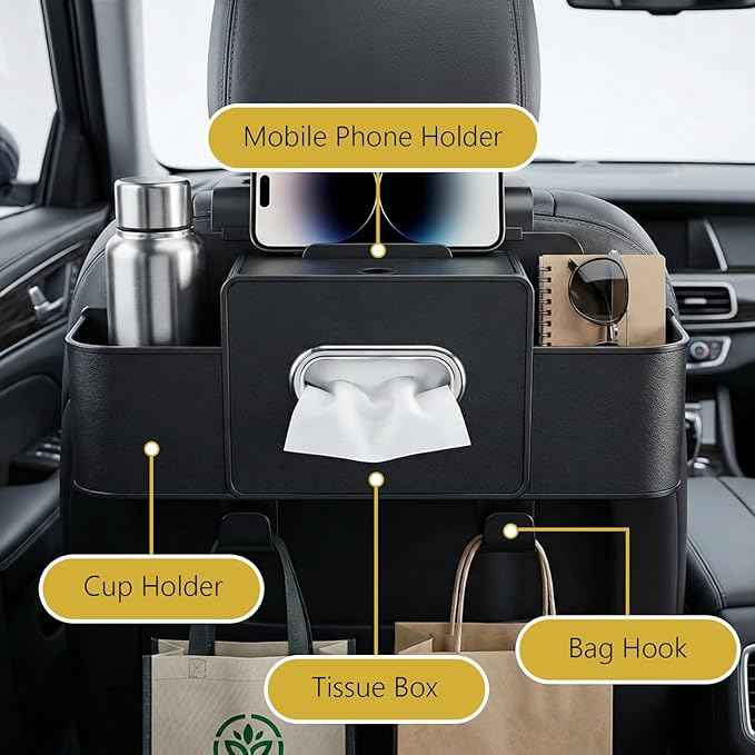 Backseat Car Organizer, 4 in 1 Multifunctional Car Back Seat Storage Organizer with Tissue Box, 2 Cup Holders, Phone Stand and Hooks, Automotive Seat Back Organizers (Black)