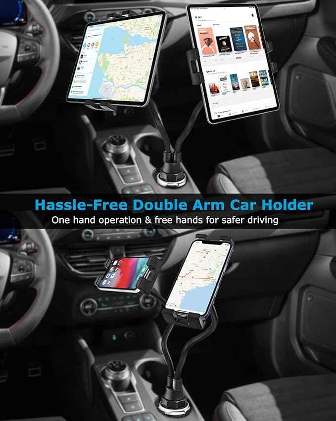 woleyi Cup Holder Tablet Mount for Car, [Double Device Clamp] Dual iPad Phone Car Mount with 10" Gooseneck Adjustable Arm for iPad Pro Air Mini, Galaxy Tabs, Z Fold, Fire HD, iPhone, 4.7-13" Devices