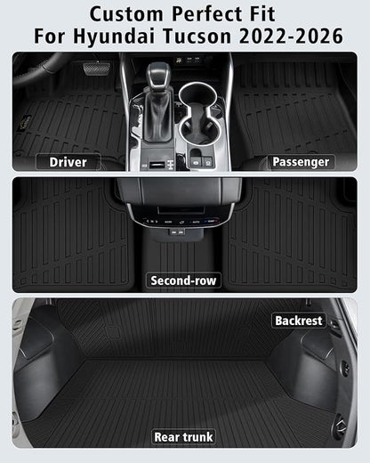 Floor Mats Custom for Hyundai Tucson 2022-2025 2026 Fuel (Not for Hybrid) Trunk Mat with Backrest Mat All Weather TPE Full Set Liners Cargo Protector & Door Sill Guards for Tucson Accessories, Black