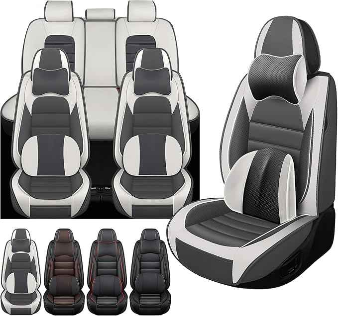 Car Seat Cover Fit for Nissan Frontier 2005-2026 Waterproof Seat Covers,Nappa Faux Leather Breathable and Comfortable,Car Seat Protector Car Interior Accessories (Full Set) Grey&White