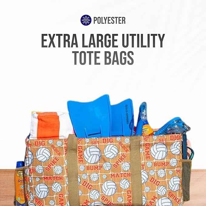 Extra Large Utility Tote Bag - Oversized Collapsible Reusable Wire Frame Rectangular Canvas Basket With Two Exterior Pockets For Beach, Pool, Laundry, Car Trunk, Storage - Volleyball