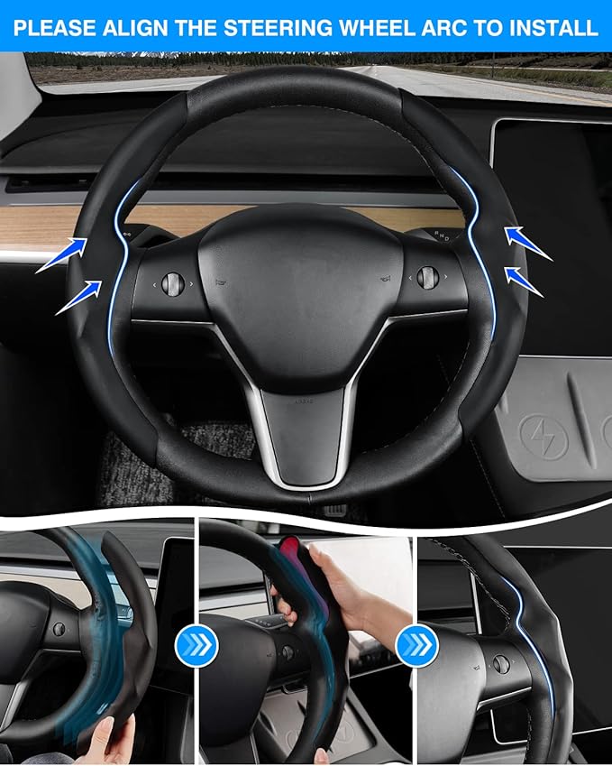 Steering Wheel Cover for 2016-2026 Telsa Model 3/Y Highland/Juniper Accessories Steering Wheel Cover Protector Anti-Slip, Comfortable Grip, Breathable, Model 3/Y Accessories, Black Leather