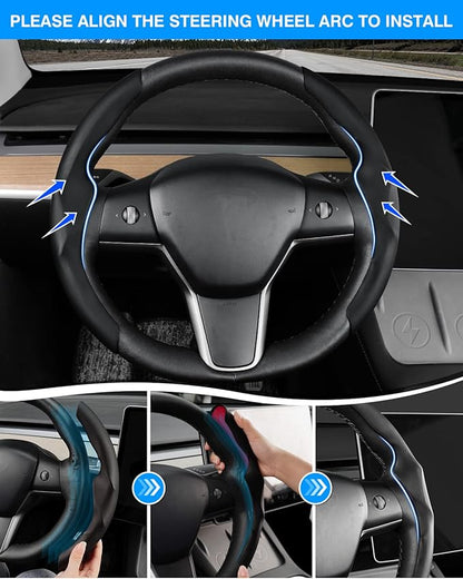 Steering Wheel Cover for 2016-2026 Telsa Model 3/Y Highland/Juniper Accessories Steering Wheel Cover Protector Anti-Slip, Comfortable Grip, Breathable, Model 3/Y Accessories, Black Leather