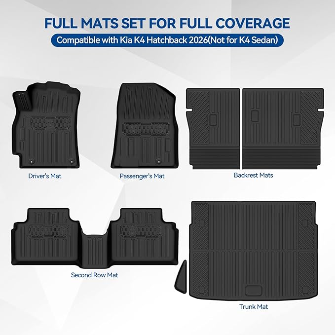 Custom Fit Floor Mats for Kia K4 Hatchback 2026, All Weather TPE Floor Liner & Trunk Mat & Backrest Protectors, Odorless Full Set Interior Accessories