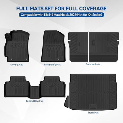 Custom Fit Floor Mats for Kia K4 Hatchback 2026, All Weather TPE Floor Liner & Trunk Mat & Backrest Protectors, Odorless Full Set Interior Accessories