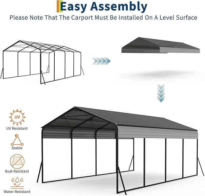 12x20 FT Metal Carport, Heavy Duty Carports Canopy with Galvanized Steel Frame & Roof, Outdoor Garage Car Port for All-Weather, Outdoor Galvanized Shelter for Car, Boats and Truck