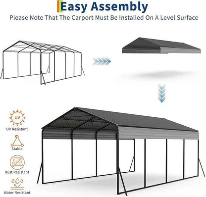 12x20 FT Metal Carport, Heavy Duty Carports Canopy with Galvanized Steel Frame & Roof, Outdoor Garage Car Port for All-Weather, Outdoor Galvanized Shelter for Car, Boats and Truck