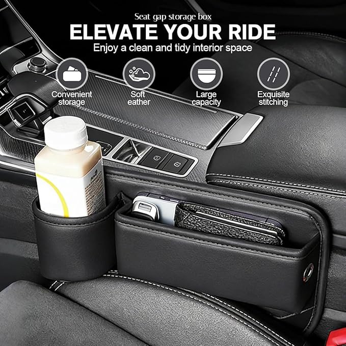 2 Pack Leather Car Seat Gap Filler Organizer for Tesla Model Y 2020-2026, with Cup Holder Universal Adjustable Storage Box Auto Interior Accessories Driver Passenger Seat,Black