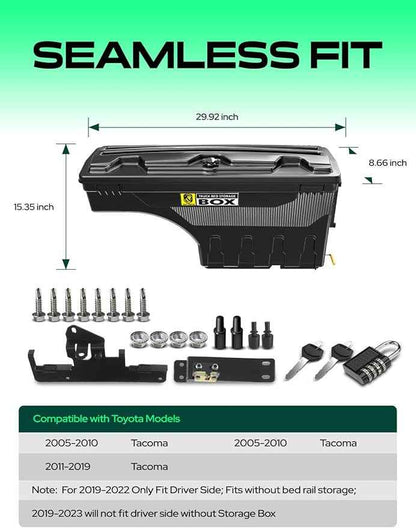 YHTAUTO Truck Bed Storage Tool Box Lockable Compatible with Toyota Tacoma 2005-2023, Passenger Side, 2019-2023 with Storage Box, Swing Waterproof Wheel Well Toolbox