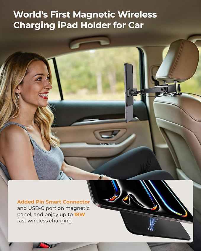 KUXIU Magnetic Wireless Charging Car Headrest Tablet Holder for iPad Pro 11'' M4 [2024]Only, Tablet Car Back Seat Mount for Kids, Road Trip Essentials Trave Holder with Air Vent Stand, 2M USB-C Cable