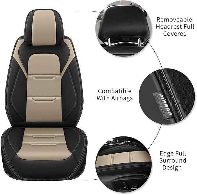 YORKNEIC 2 Front Car Seat Covers for Jeep Liberty 2002-2012 Faux Leather Waterproof Seat Covers Automotive Seat Protectors Cushions with Airbag Compatible(2 Front Seat,Black&Beige)