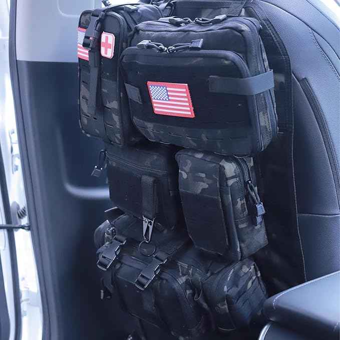 Universal Tactical Car Seat Back Organizer Bag Tactical Molle Vehicle Organizers Panel Vehicle Protector Organizers with 5 Detachable Pouches for Car Truck Ford Jeep (Upgraded D model Black camo)