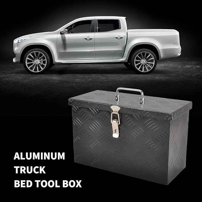 16 Inch Black Aluminum Tool Box 5 Bar Tread ToolBox for Truck Bed Car Outdoor Trailer Pickup Underbody RV ATV Storage Underbed Tools Organizer with Top Side Handle and Lock (16"X7.5"X10")