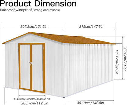 12 x 10 FT Metal Garden Shed, Outdoor Storage Shed with Heavy-Duty Steel Construction, Built-in Punched Vents & Hinged Door, Free Padlock for Secure Backyard, Patio & Garage Storage, White + Yellow