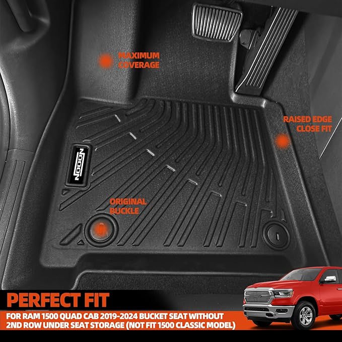 Custom Fit Floor Mats for Ram 1500 Quad Cab 2019-2024 Bucket Seat Without 2nd Row Under seat Storage(Not Fit 1500 Classic Model/Crew Cab), All Weather TPE Floor Liners, Interior Accessories