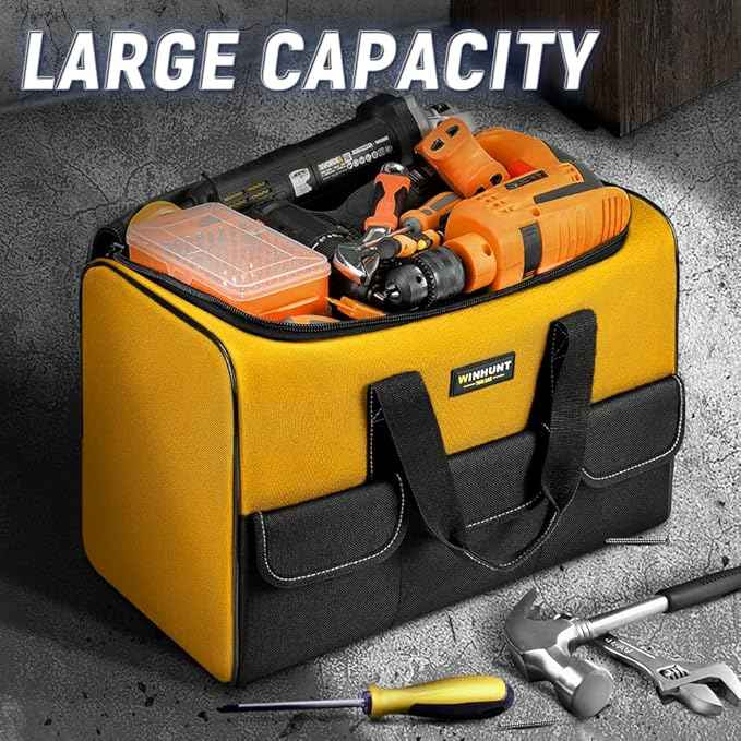 Large Tool Bag, 17 inch Wide Mouth Tool Organizer Bag for Home Repairs,Garage StorageDouble Zipper, Yellow and Black, 16.9 x 11.8 x 9.8 inch
