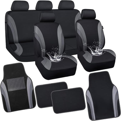 CAR PASS EVA Waterproof Car Seat Covers Full Set with 4Pcs Waterproof Car Floor Mats Universal Fit Airbag Compatible Automotive Interior Covers for Sedans, Trucks,Vans,SUV (Combo Set, Black & Gray)