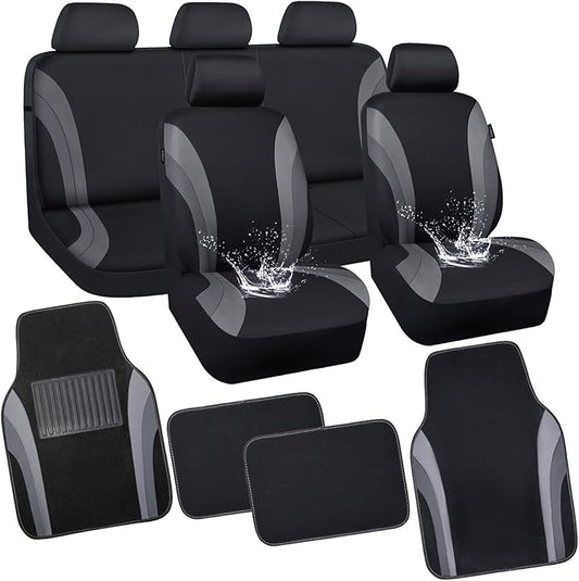 CAR PASS EVA Waterproof Car Seat Covers Full Set with 4Pcs Waterproof Car Floor Mats Universal Fit Airbag Compatible Automotive Interior Covers for Sedans, Trucks,Vans,SUV (Combo Set, Black & Gray)