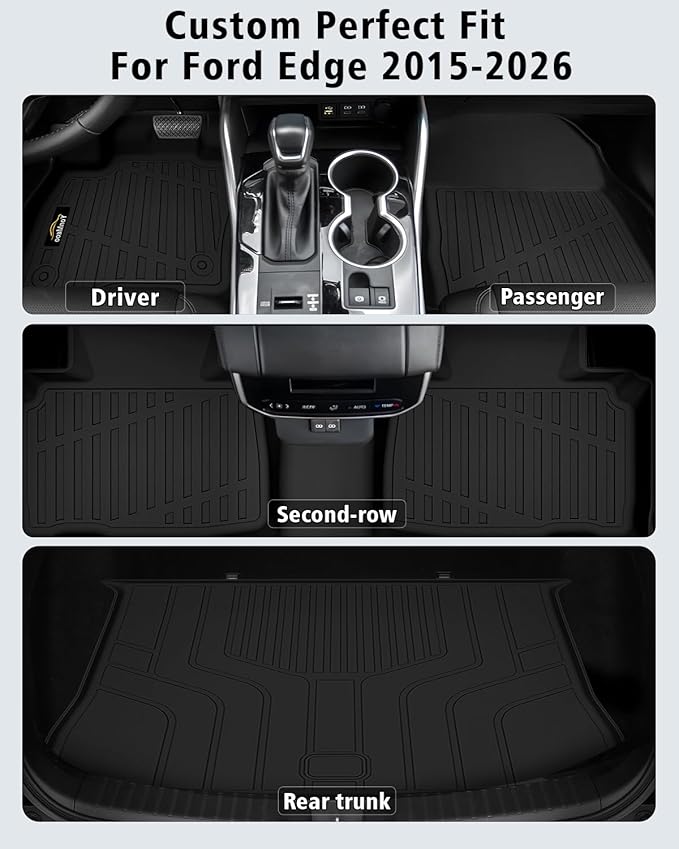 Floor Mats & Cargo Liner Custom Fit for Ford Edge 2015-2024 2025 2026, Door Sill Guards, All Weather TPE Rubber Anti-Slip 1st & 2nd Row & Trunk Mat Floor Liners for Edge 2024 Accessories
