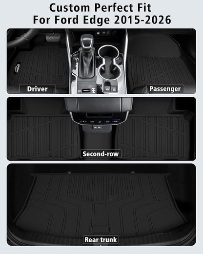 Floor Mats & Cargo Liner Custom Fit for Ford Edge 2015-2024 2025 2026, Door Sill Guards, All Weather TPE Rubber Anti-Slip 1st & 2nd Row & Trunk Mat Floor Liners for Edge 2024 Accessories