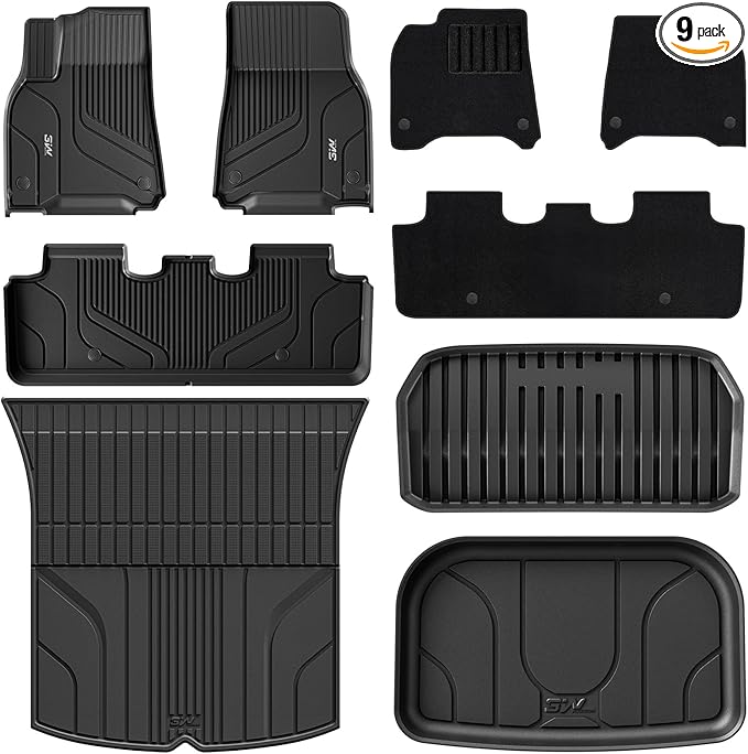 3W Floor Mats with Front Carpet on TOP Fit for Tesla Model Y 2020-2024, 2025 All-Weather TPE Full Set Floor Liners and Cargo Liner Mats Accessories Custom Fit for Model Y 5-Seat(Not for Juniper)