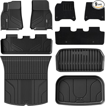 3W Floor Mats with Front Carpet on TOP Fit for Tesla Model Y 2020-2024, 2025 All-Weather TPE Full Set Floor Liners and Cargo Liner Mats Accessories Custom Fit for Model Y 5-Seat(Not for Juniper)