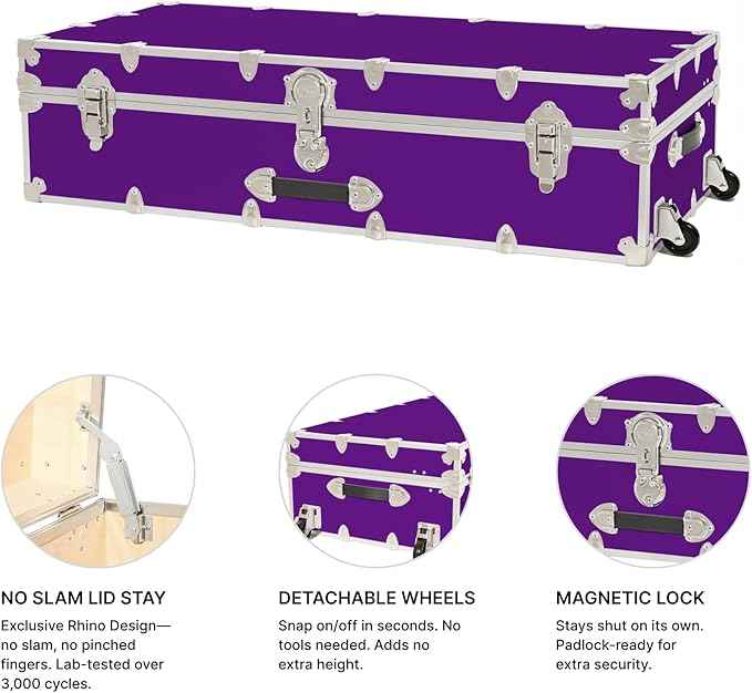 Rhino Trunk & Case Trundle Home Storage & College Trunk With Wheels - 44”x20”x12” - 1500+ lbs Capacity. USA Made Secure Under-Dorm Bed Footlocker for Clothes and Food, and Underbed Shoe Storage Box