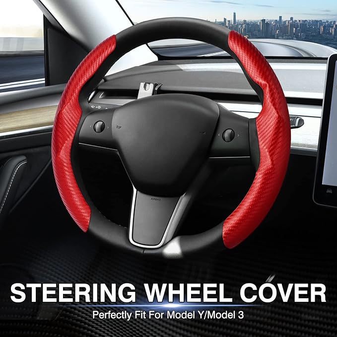 Steering Wheel Cover for Telsa Model 3/Model Y Accessories Carbon Fiber Steering Wheel Cover Protector Anti-Slip, Comfortable Grip, Breathable, Model 3/Y Accessories, Red