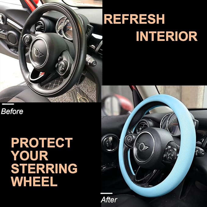 PINCTROT Nappa Leather Steering Wheel Cover, Slim Fit No Bulk Design, One Piece Leather with Breathable Perforation, Fit Like Gloves, Universal 14.5-15 Inch(Nappa Aqua)