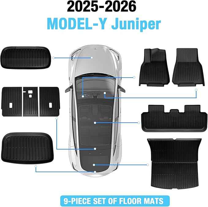 SUPER LINER Tesla Model Y Juniper Floor Mats 2025 2026 | Custom Fit All-Weather 9-Piece Set Includes Cargo Mat | Seat Back Cover Protector |Trunk Mats & Accessories
